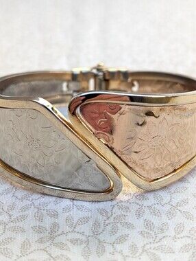 Two-Tone Copper and Silver Cuff Bracelet with Gold Trim- Elegant Women's Jewelry